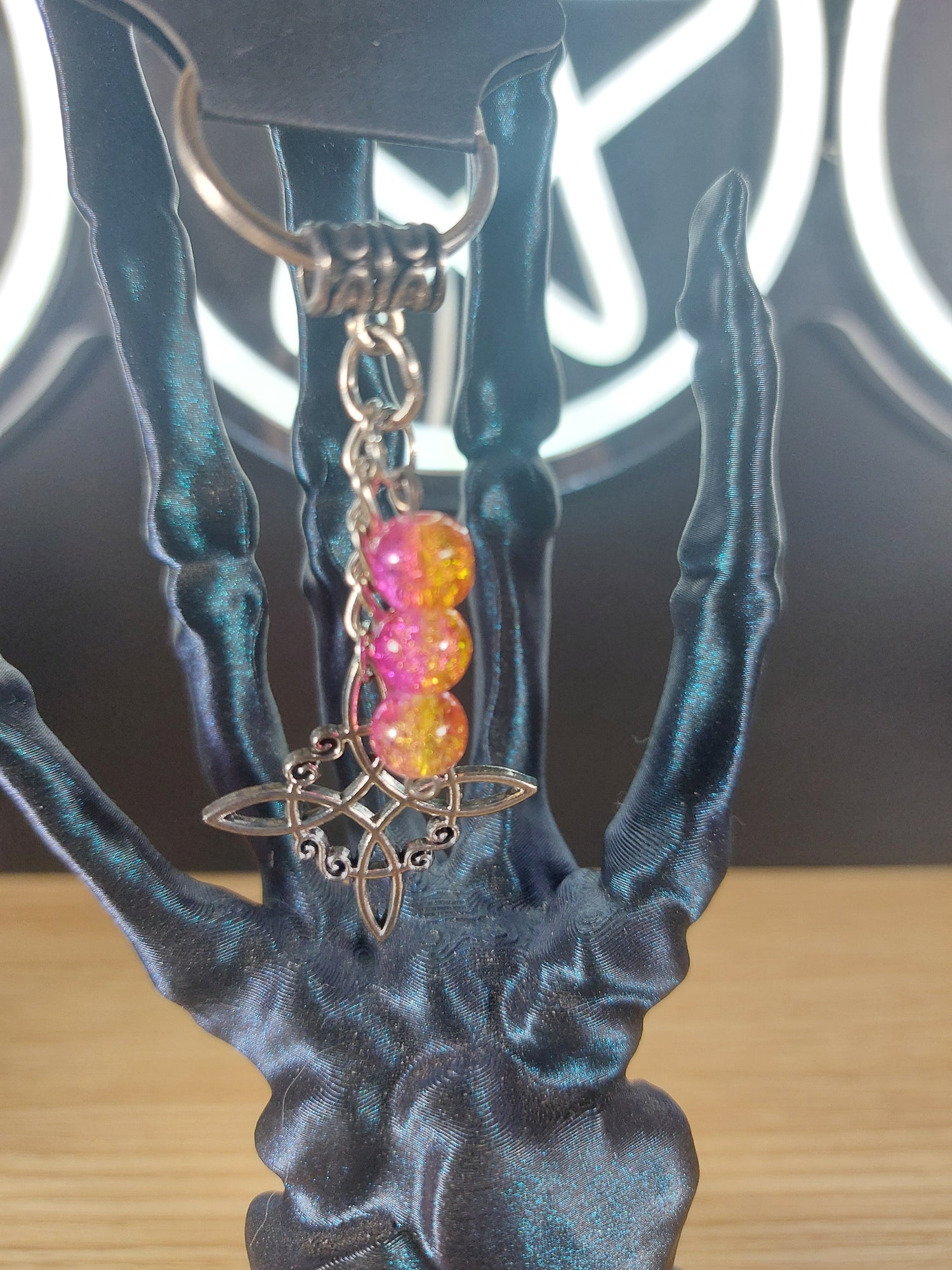 Silver Tone Witches Knot with Pink &amp; Orange Glass Beads Keychain