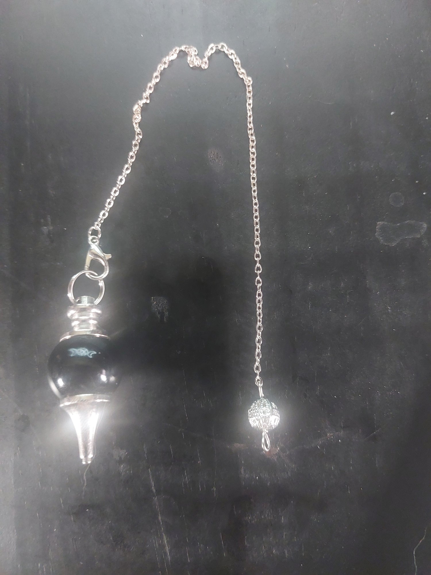 Black Obsidian Pendulum on Silver Tone Chain