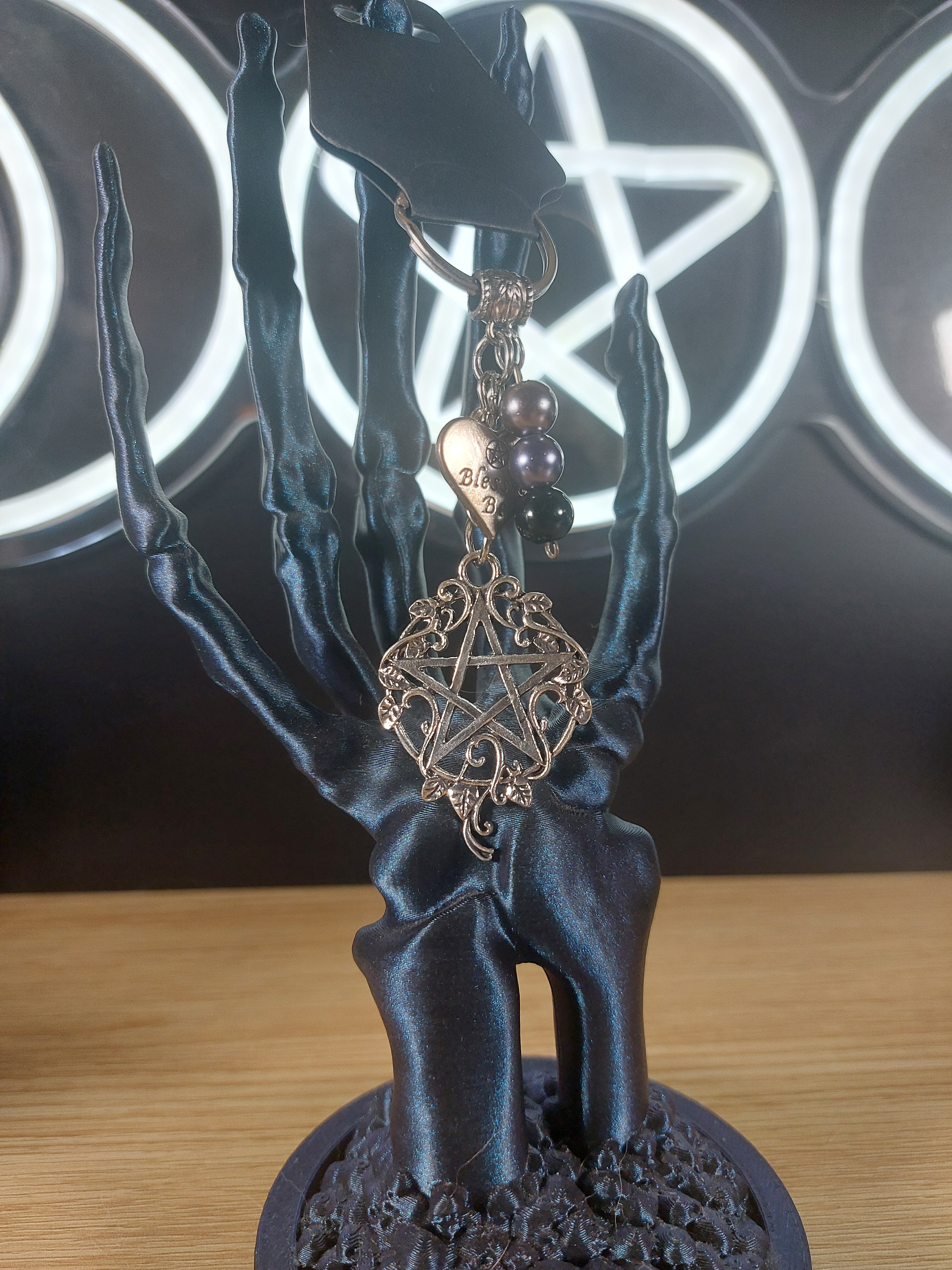 Large Silver Tone Pentagram with  Pearl Like Glass Beads
