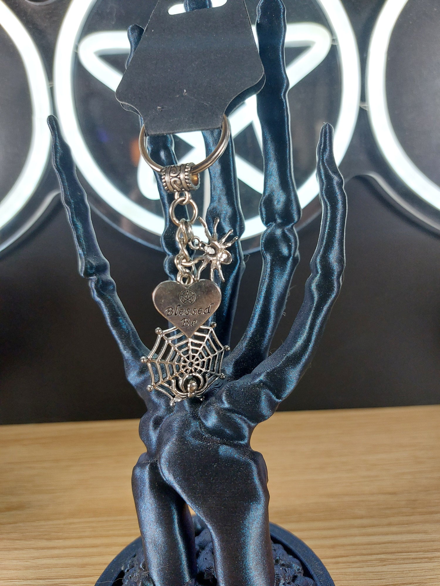 Silver Tone Large Spider Web with Charms Keychain