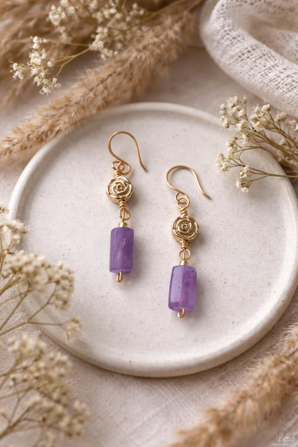 14k Gold Rose earrings with Amethyst Crystals - Affordable Gemstone Jewelry