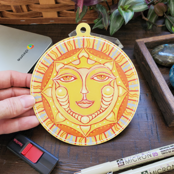 Golden Smiling Sun Sticker, 4.5 inches wide