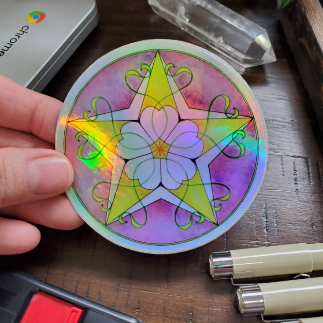 Pentagram With Flower Holographic Sticker, 3 inches wide
