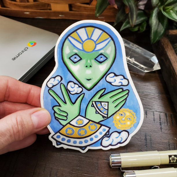 Alien and Universal Peace Sticker, 3x4 inch