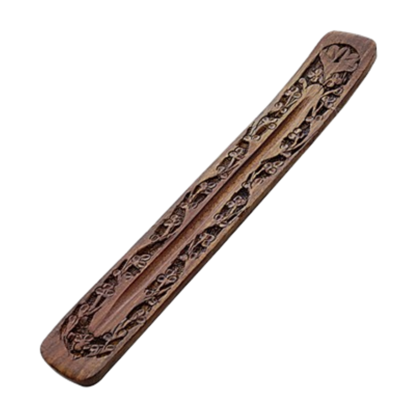 Carved Wood Incense Tray — Floral Edgework (Stick Burner)