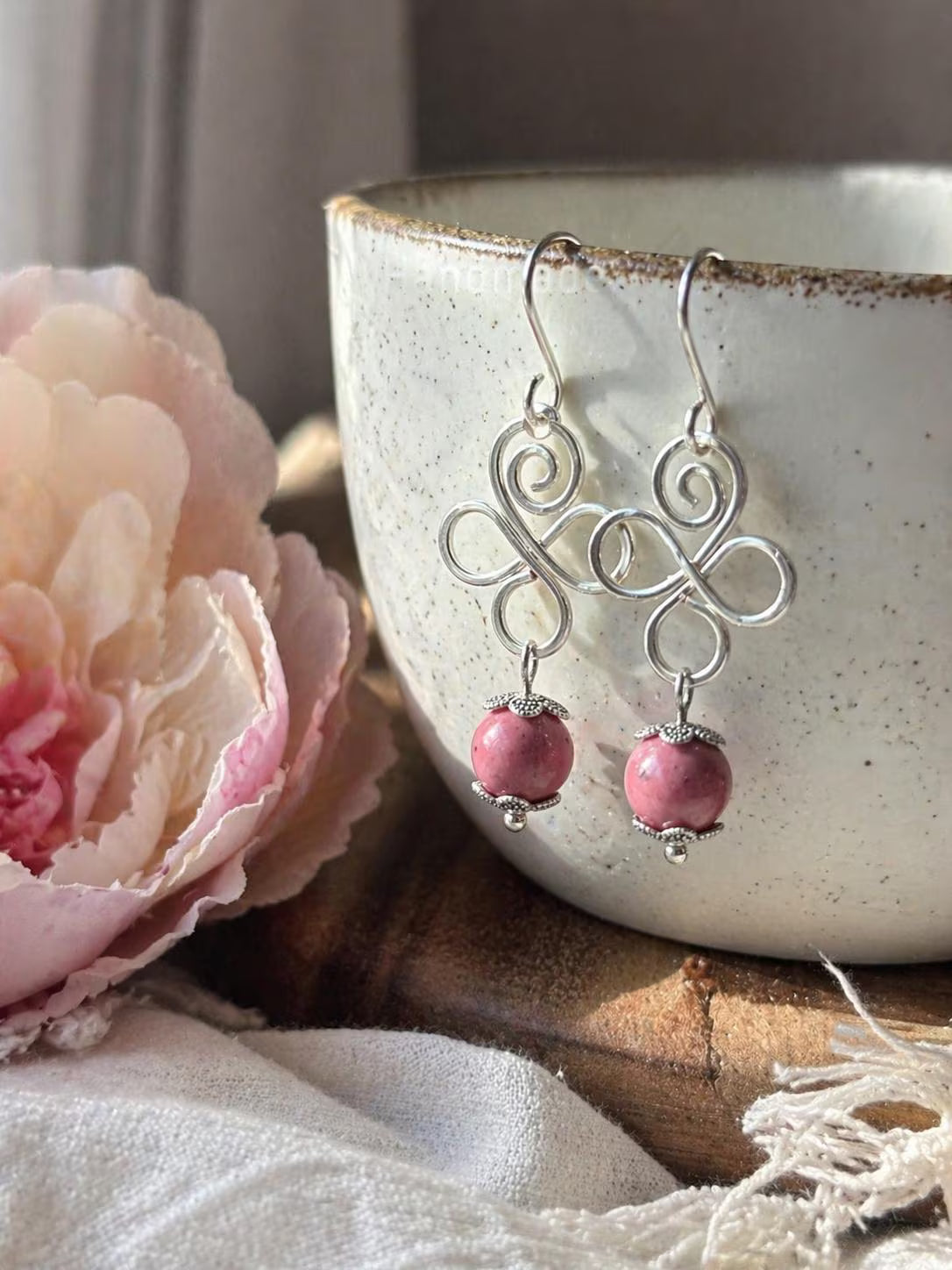 Silver Swirl Earrings with Rhodonite Gemstones. Wire wrapped dainty jewelry