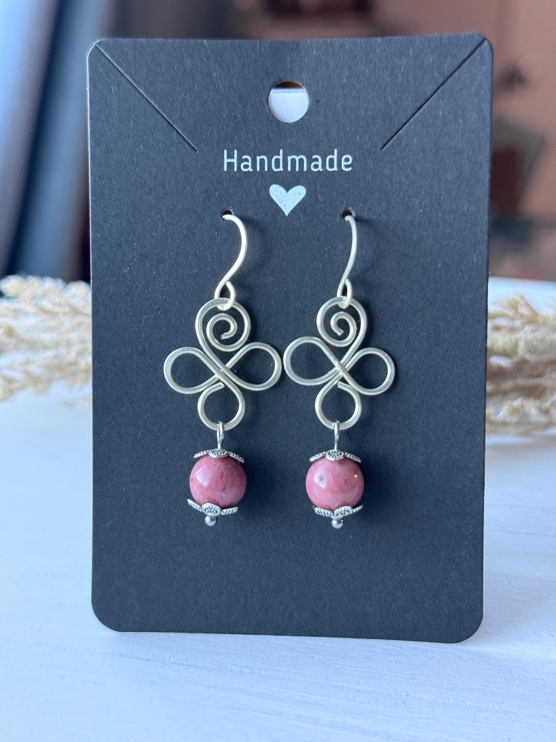 Silver Swirl Earrings with Rhodonite Gemstones. Wire wrapped dainty jewelry