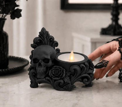 Gothic Skull &amp; Rose LED Tealight Holder - Custom Colors Available