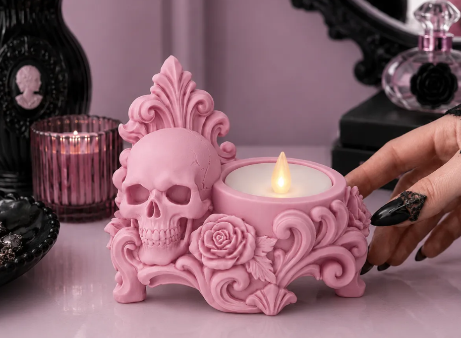 Gothic Skull &amp; Rose LED Tealight Holder - Custom Colors Available