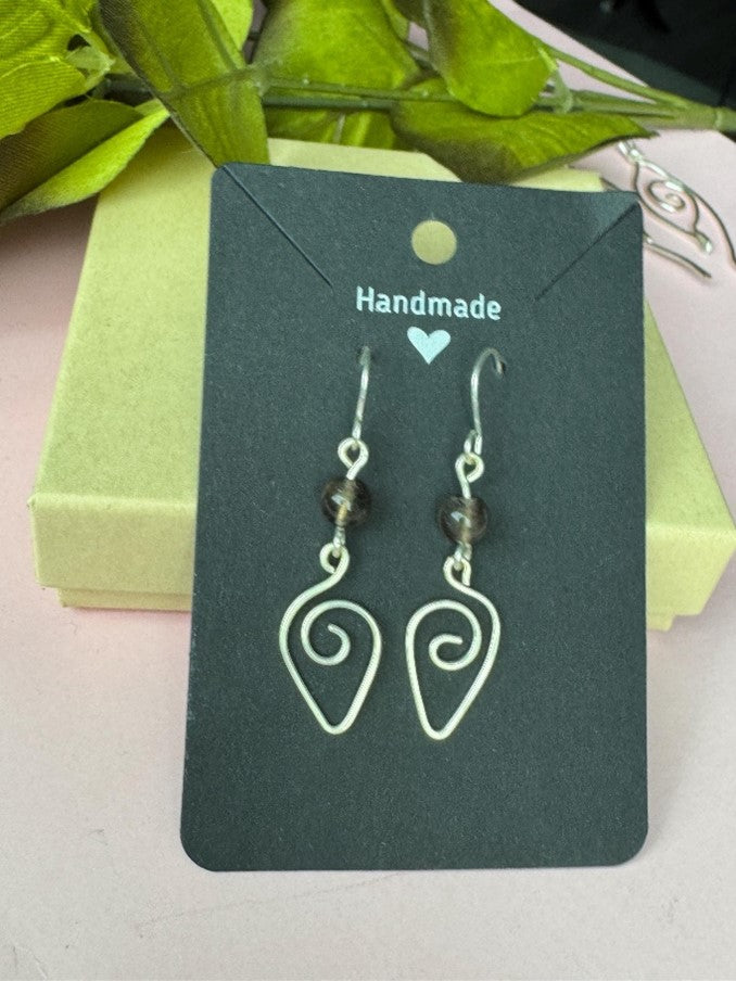 Silver Wire Wrapped Teardrop Earrings with Smoky Quartz Gemstones.