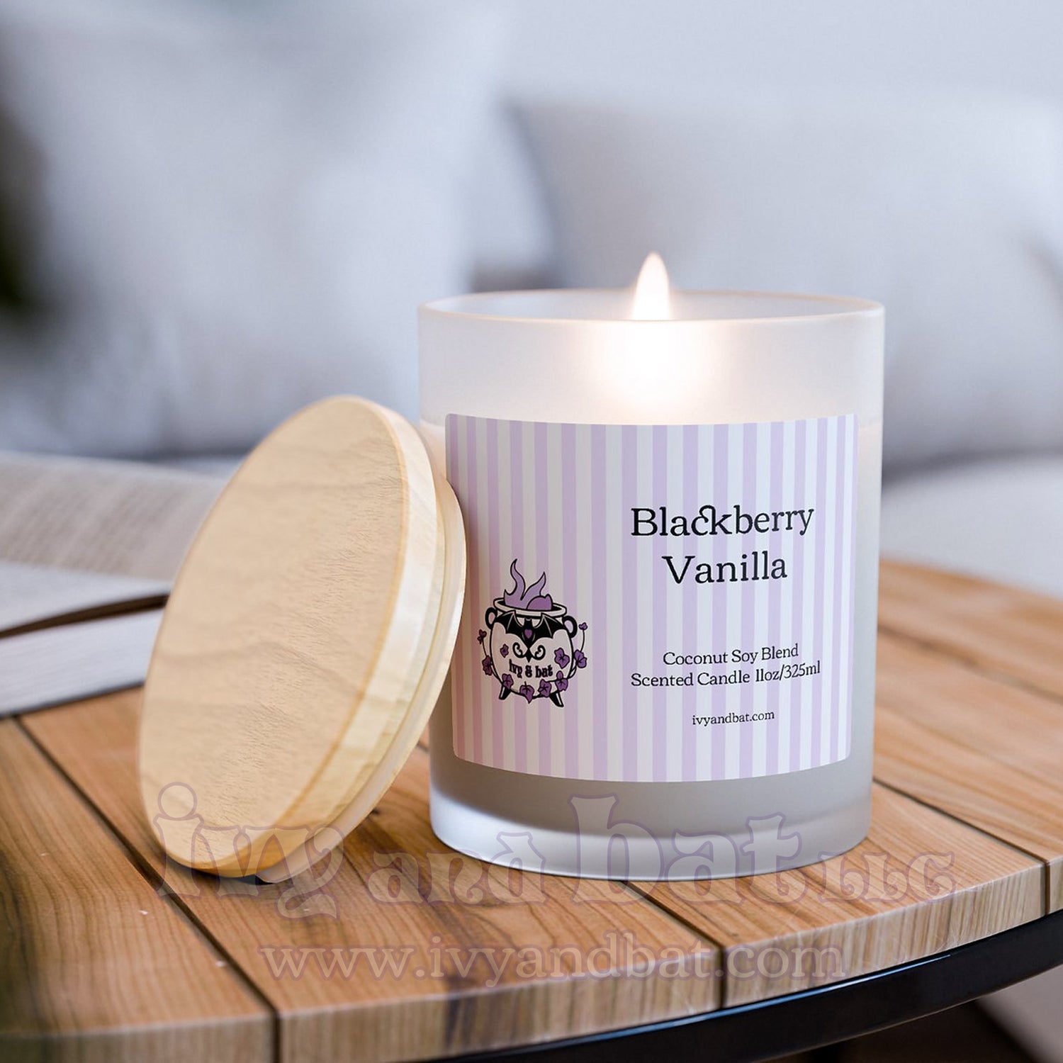 Ivy and Bat Frosted Glass Wooden Wick Soy Blend Scented Candles