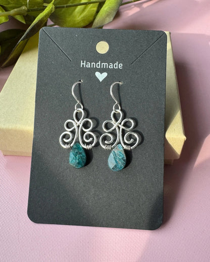 Handmade Silver Wire Wrapped Earrings, Blue Apatite Teardrops