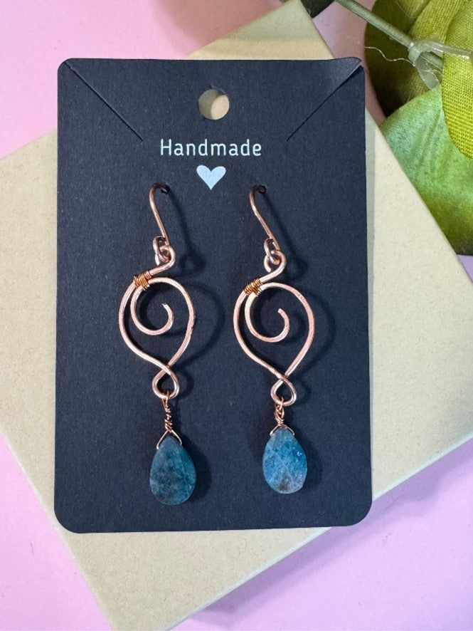 Handmade Wire Wrapped Copper Earrings with Blue Apatite Teardrop Gemstones.