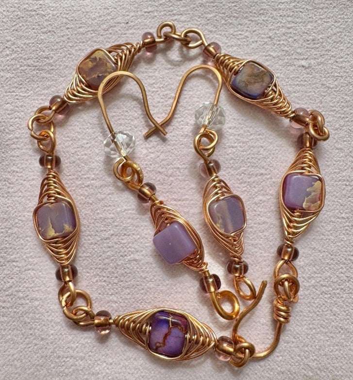 Handmade Copper Wire Wrapped Aqua Terra Jasper Bracelet &amp; Earring Set