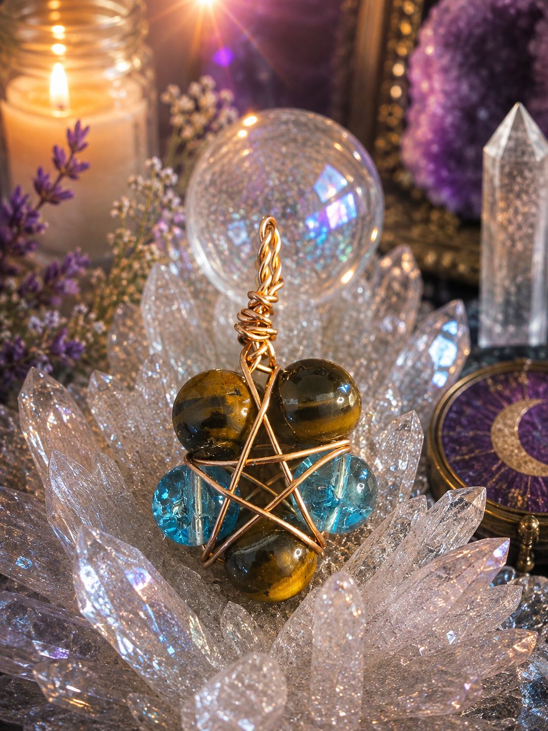 Guardian Pentacle - Tigers eye &amp; Aquamarine