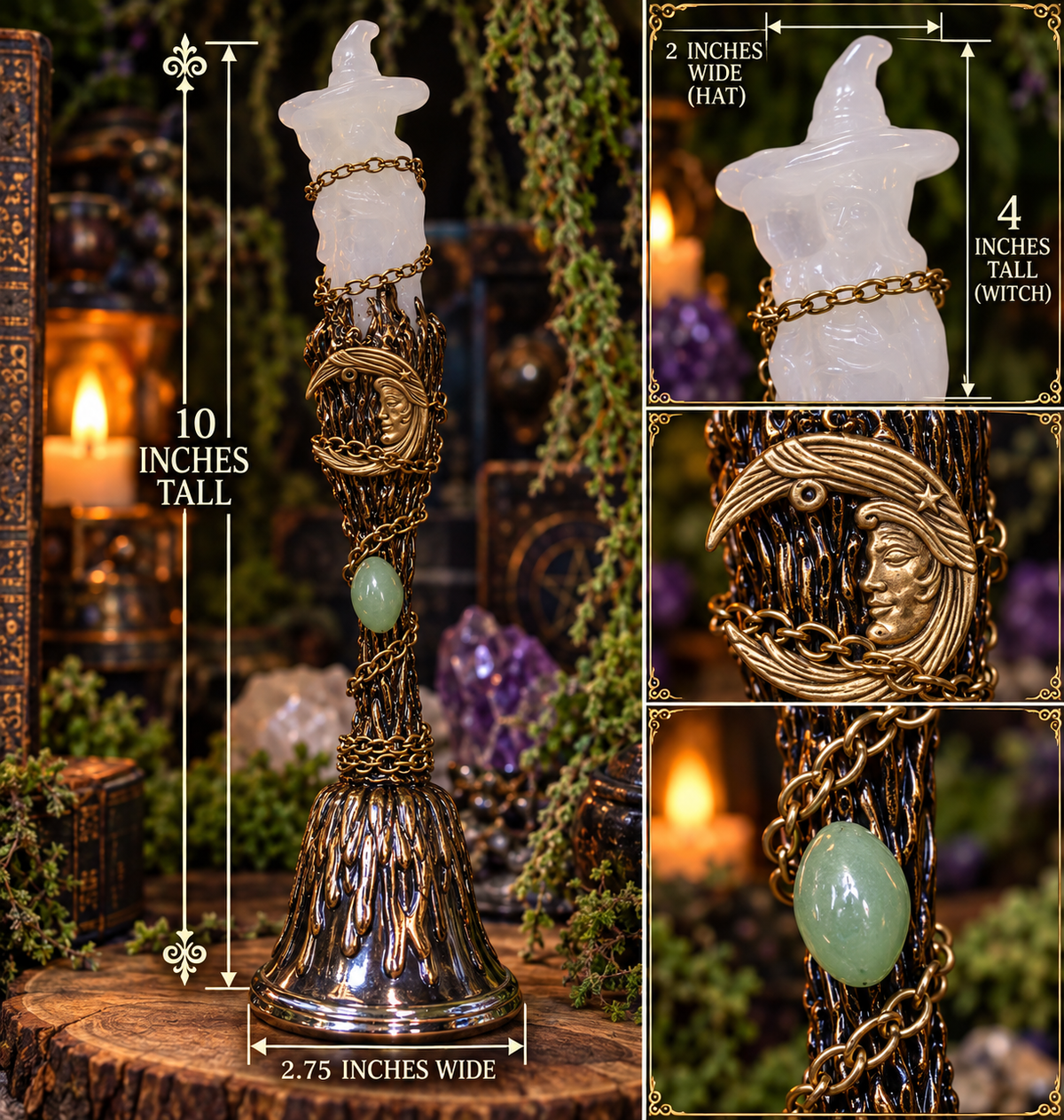 Clear Quartz Witch Ritual Bell with Green Aventurine 10 inches tall