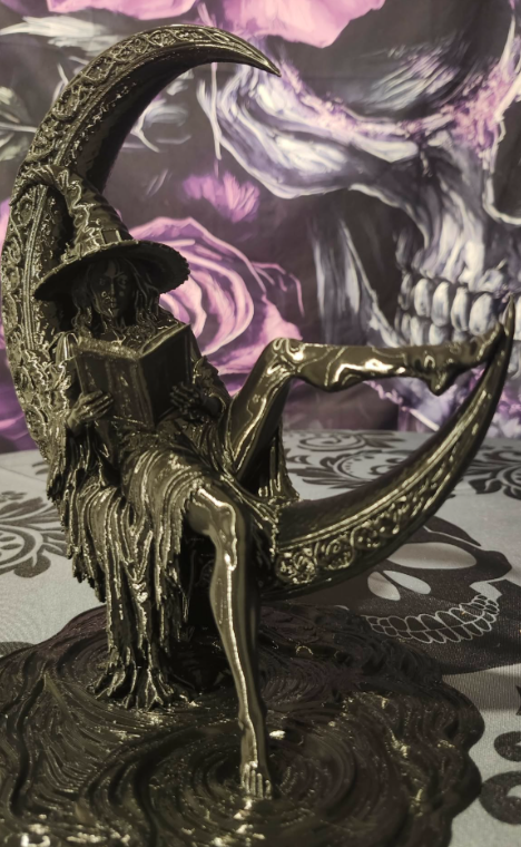 The Midnight Reader - 3D Printed Witch &amp; Crescent Moon Statue