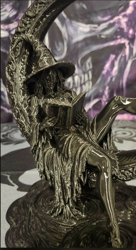 The Midnight Reader - 3D Printed Witch &amp; Crescent Moon Statue