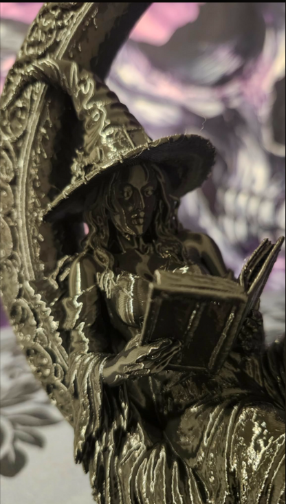 The Midnight Reader - 3D Printed Witch &amp; Crescent Moon Statue